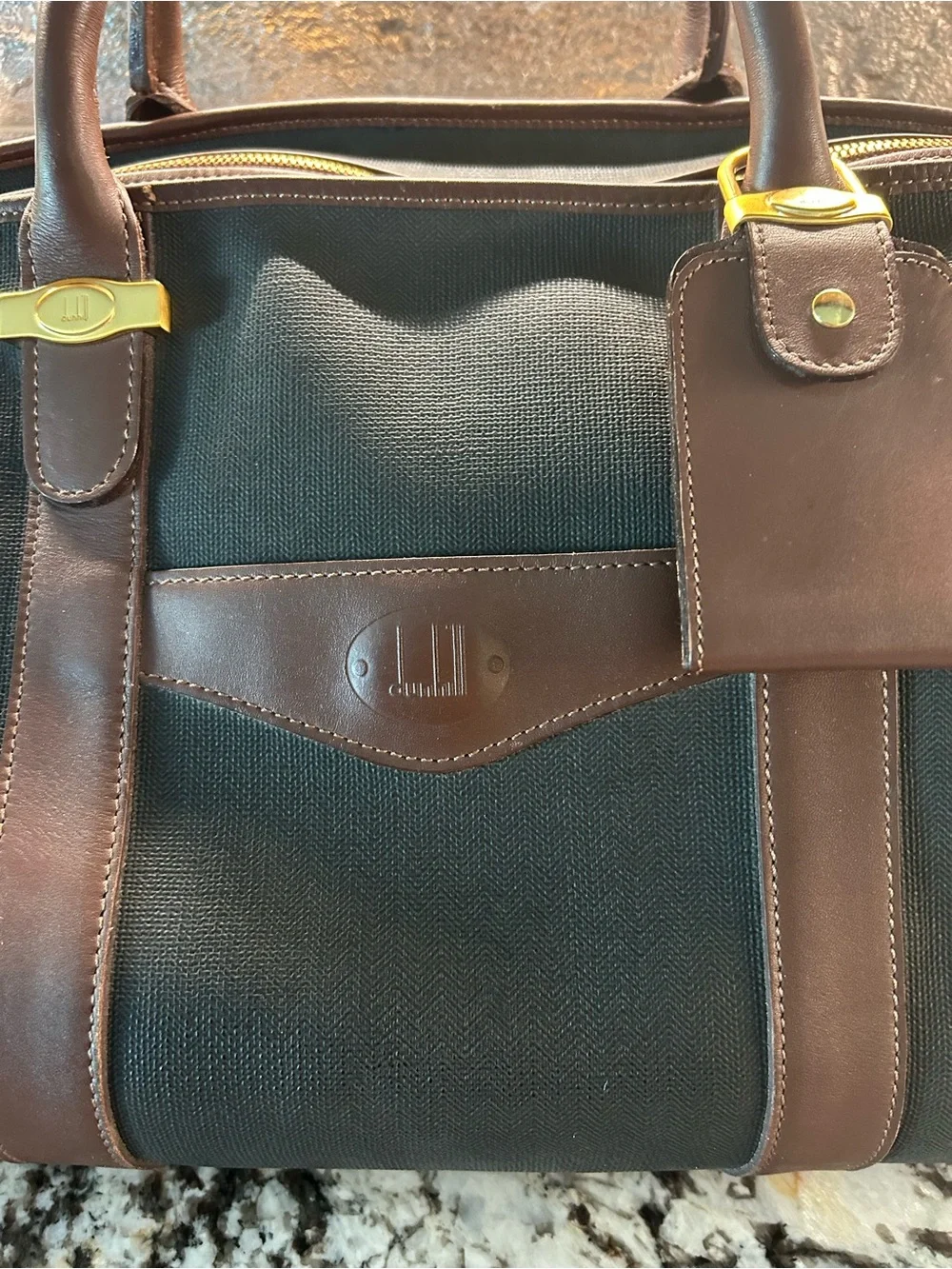 Dunhill Black Duffel with Brown Leather Trim and Gold Accents
